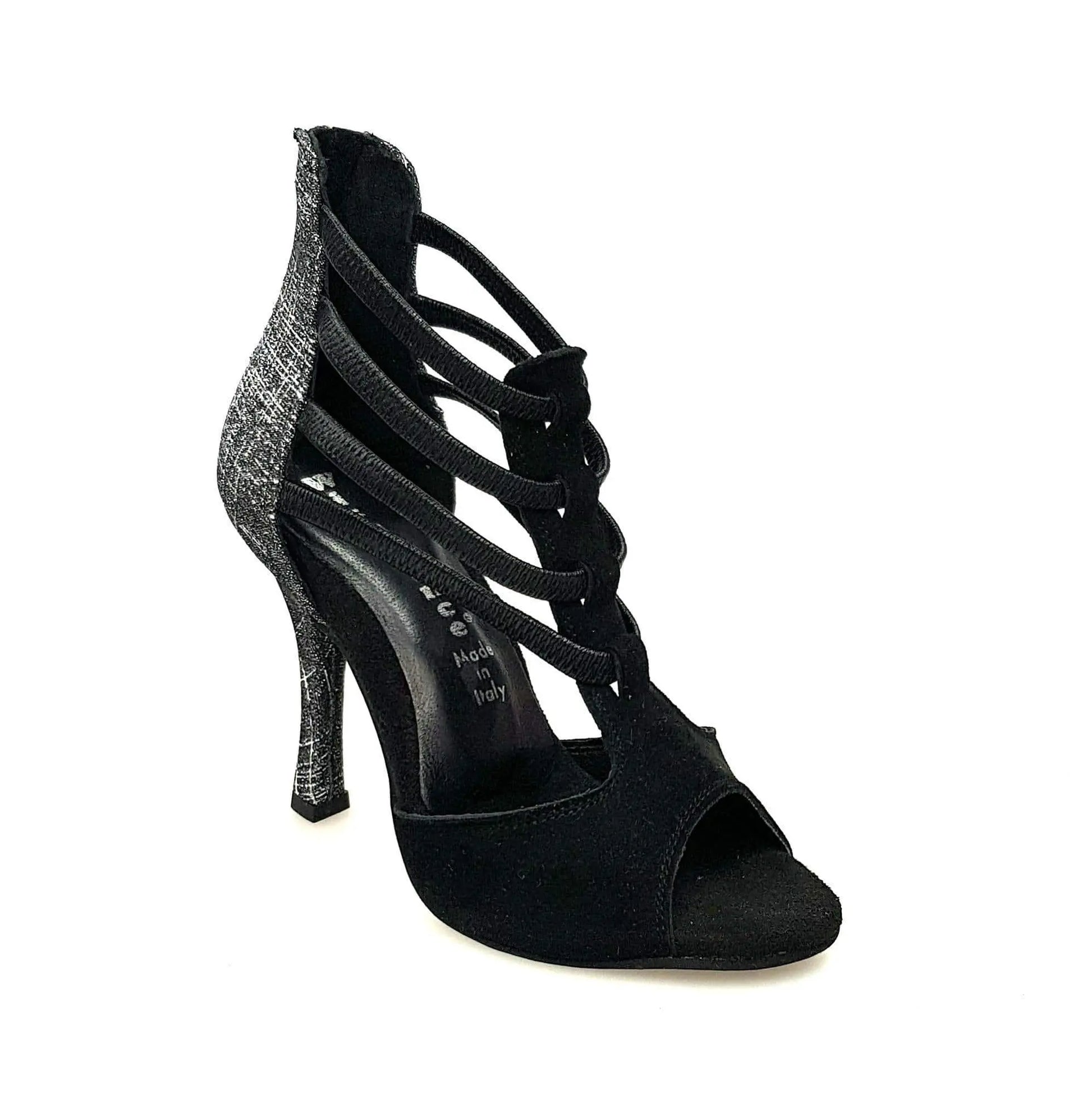 Sandalo donna Lilith Zip in camoscio nero con tacco rivestito in Fish Carbon, con dettagli eleganti e cinturino regolabile.