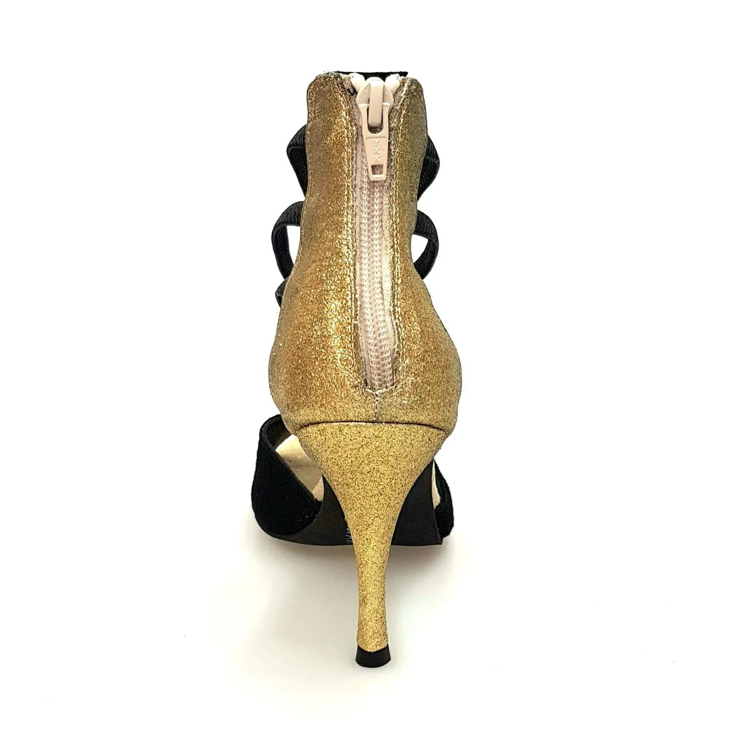 Sandalo donna Lilith Zip di Wish Dance Shop in camoscio nero con tacco a spillo e dettagli glitter oro.