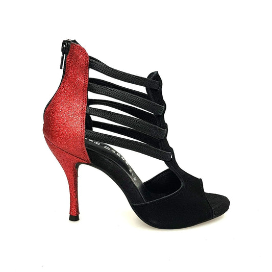 Sandalo donna Lilith Zip in camoscio nero con tacco e dettaglio glitter rosso, scarpa Wish Dance Shop elegante e alla moda.