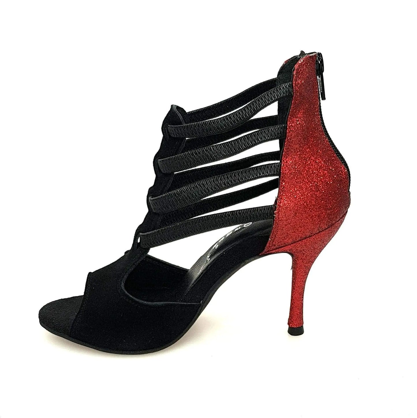 Scarpa donna Lilith Zip in camoscio nero con tacco glitter rosso, modello Wish Dance Shop, elegante e alla moda.