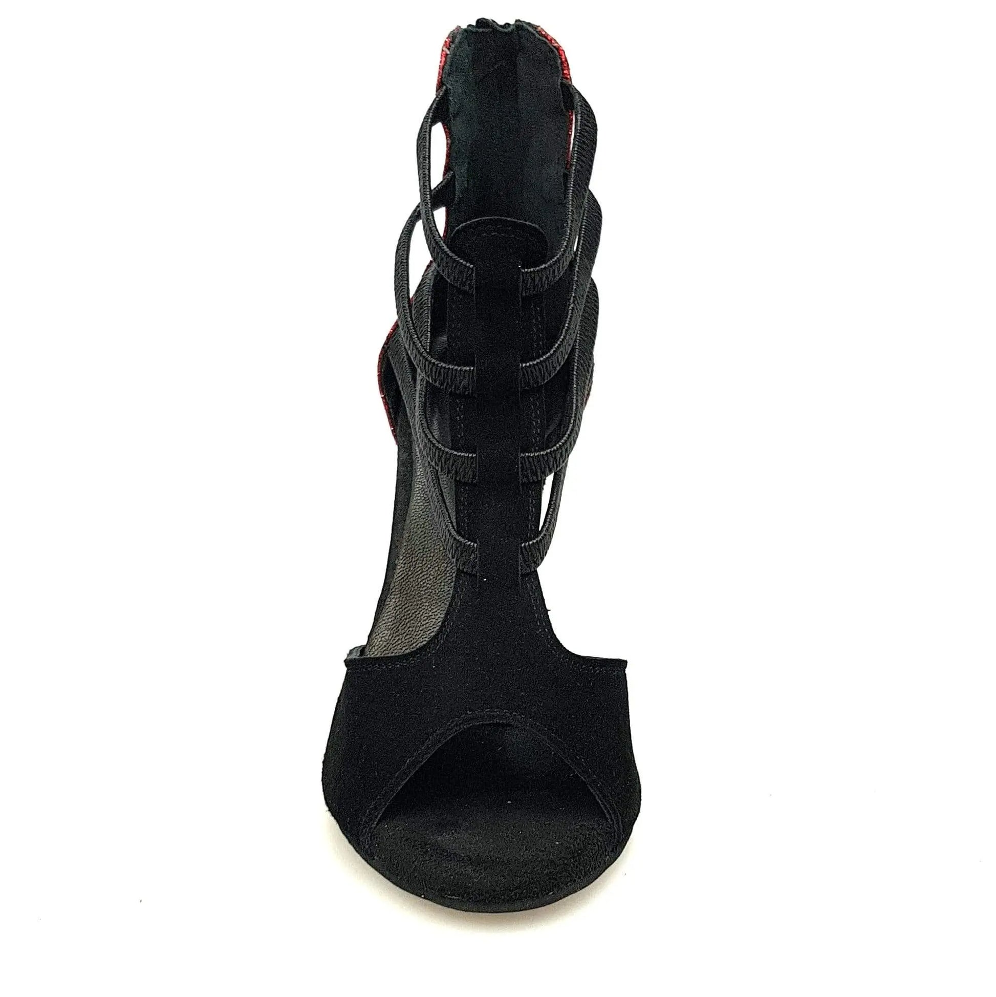 Scarpa donna Lilith Zip in camoscio nero con tacco glitter rosso, tacco alto e design elegante.