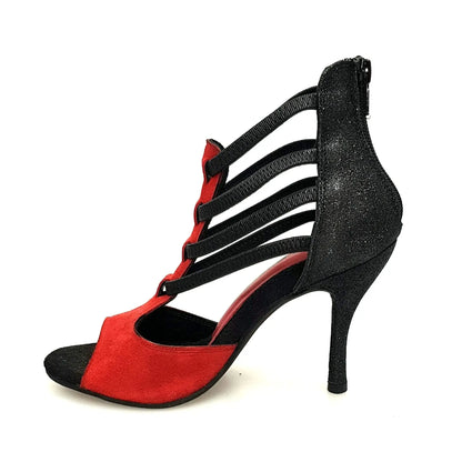 Sandalo donna Lilith Zip in camoscio rosso con tacco a spillo e dettagli glitter nero, scarpa elegante Wish Dance Shop