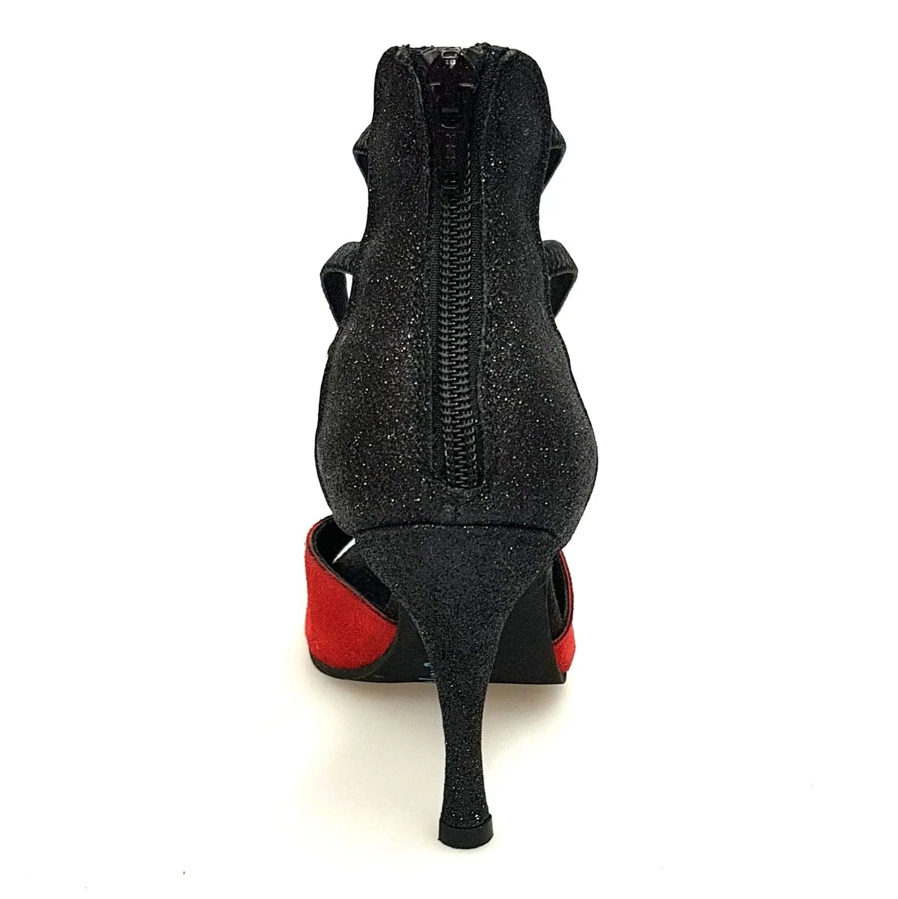 Sandalo donna Lilith Zip in camoscio rosso con tacco a spillo e dettagli glitter nero, scarpa elegante Wish Dance Shop