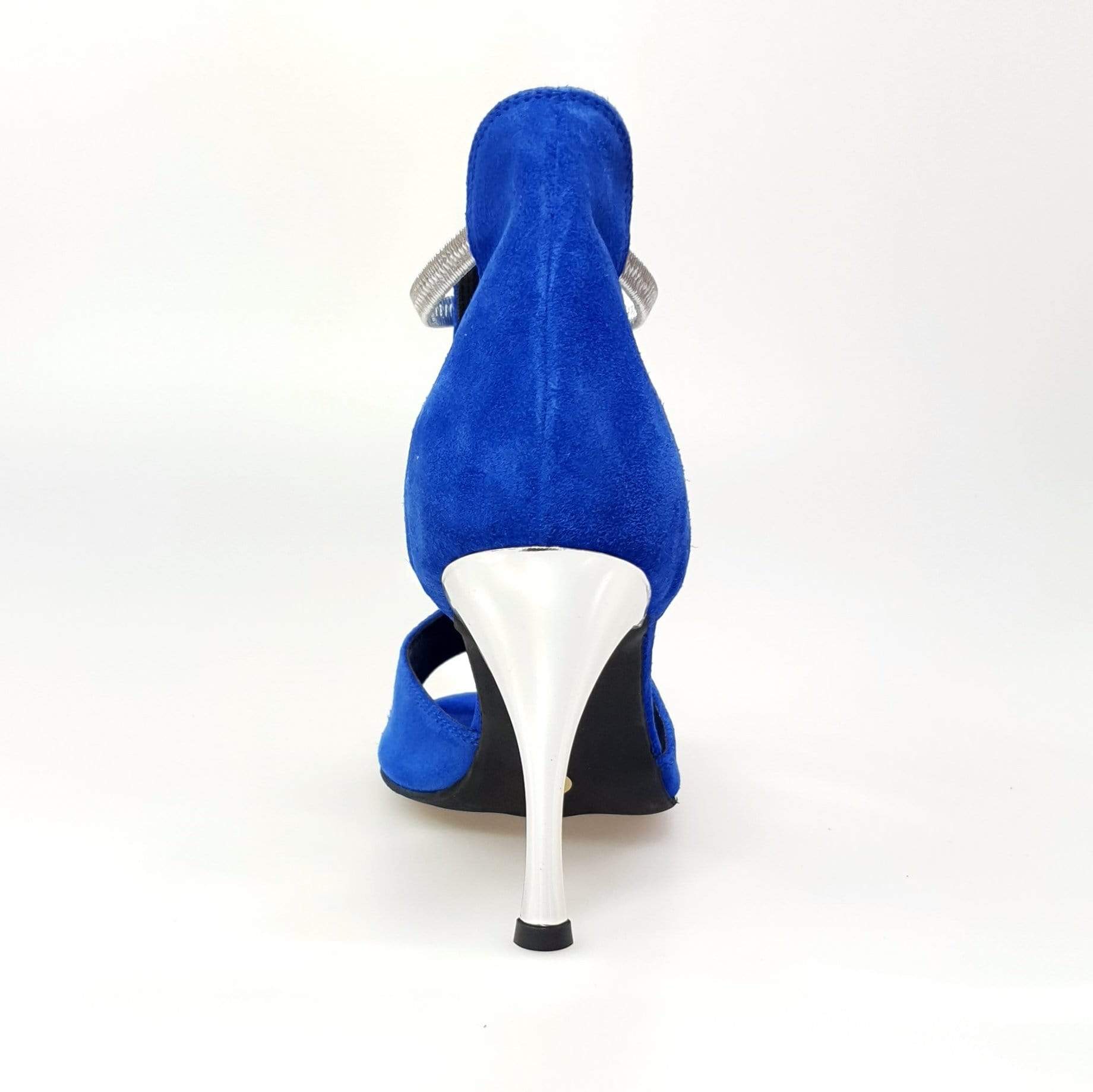 Sandalo Tatyana Wish Dance Shop in camoscio blu royal con elastici argento e tacco a spillo laminato argento.