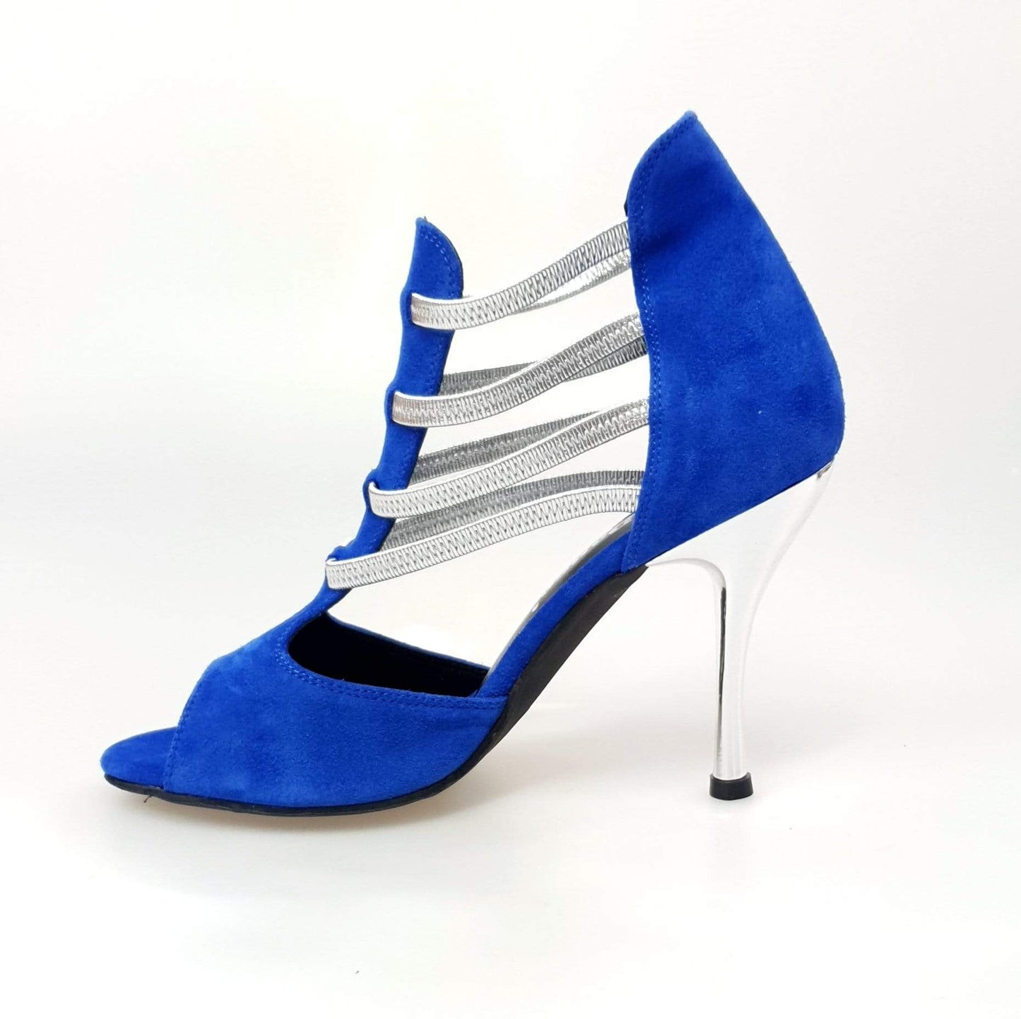 Sandalo da donna Tatyana in camoscio blu royal con elastici argento e tacco a spillo laminato argentato, Wish Dance Shop