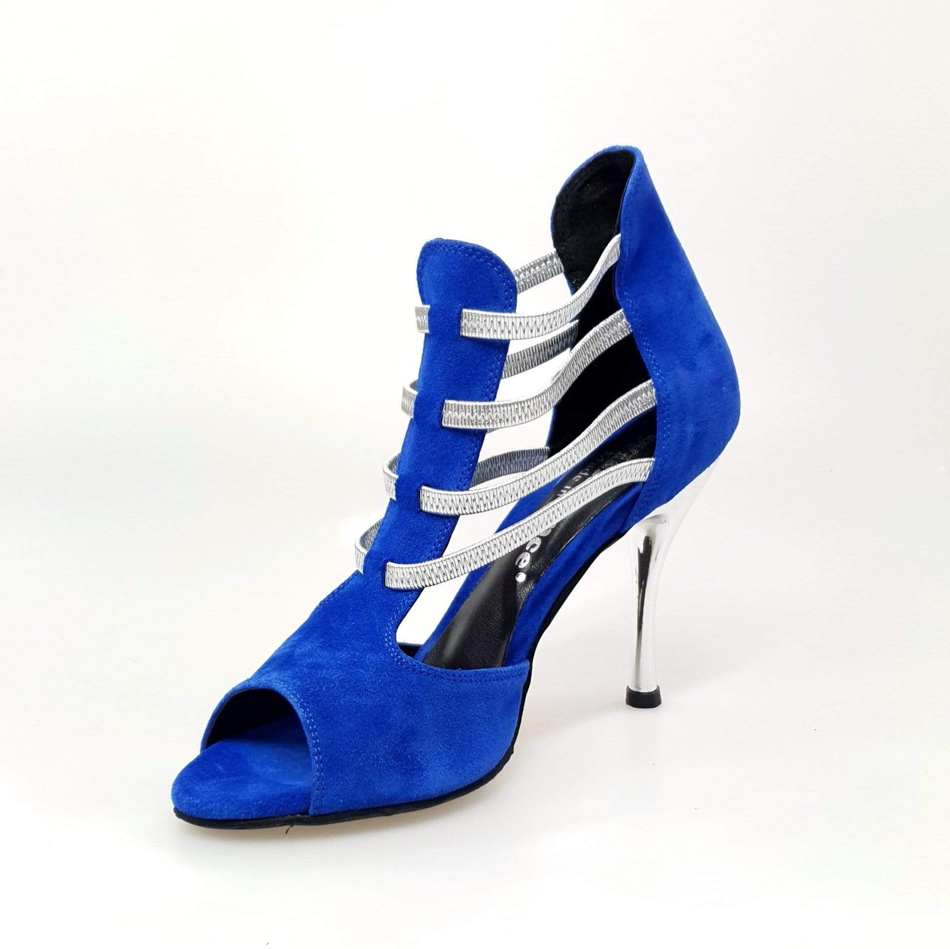 Sandalo Tatyana Wish Dance Shop in camoscio blu royal con elastici argento e tacco a spillo laminato argento.