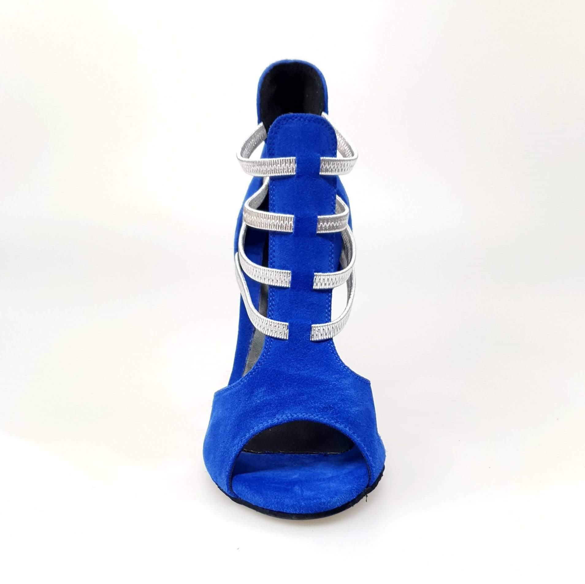 Sandalo Tatyana Wish Dance Shop in camoscio blu royal con elastici argento e tacco a spillo laminato argento.