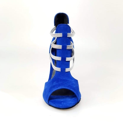 Sandalo Tatyana Wish Dance Shop in camoscio blu royal con elastici argento e tacco a spillo laminato argento.