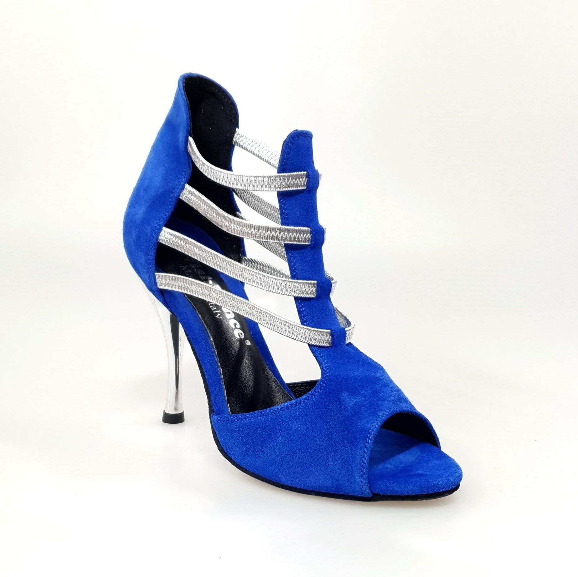 Sandalo Tatyana Wish Dance Shop in camoscio blu royal con elastici argento e tacco a spillo laminato argentato.