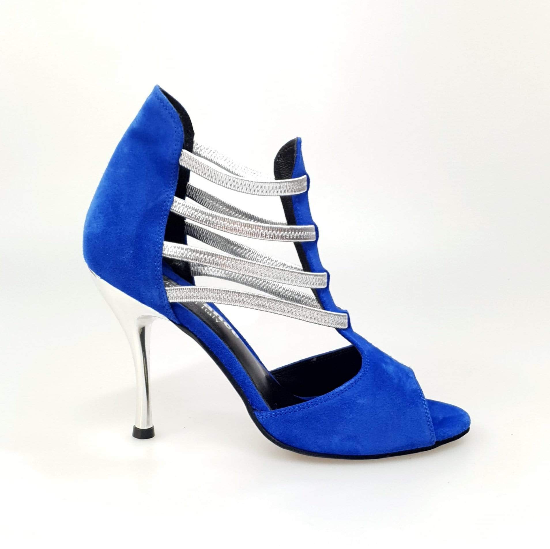 Sandalo Tatyana Wish Dance Shop in camoscio blu royal con elastici argento e tacco a spillo laminato argento.