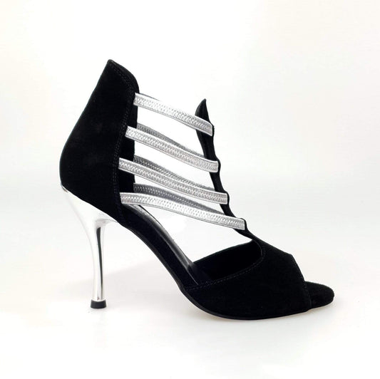 Sandalo Tatyana Wish Dance Shop in camoscio nero con elastici argento e tacco a spillo laminato argento, donna.