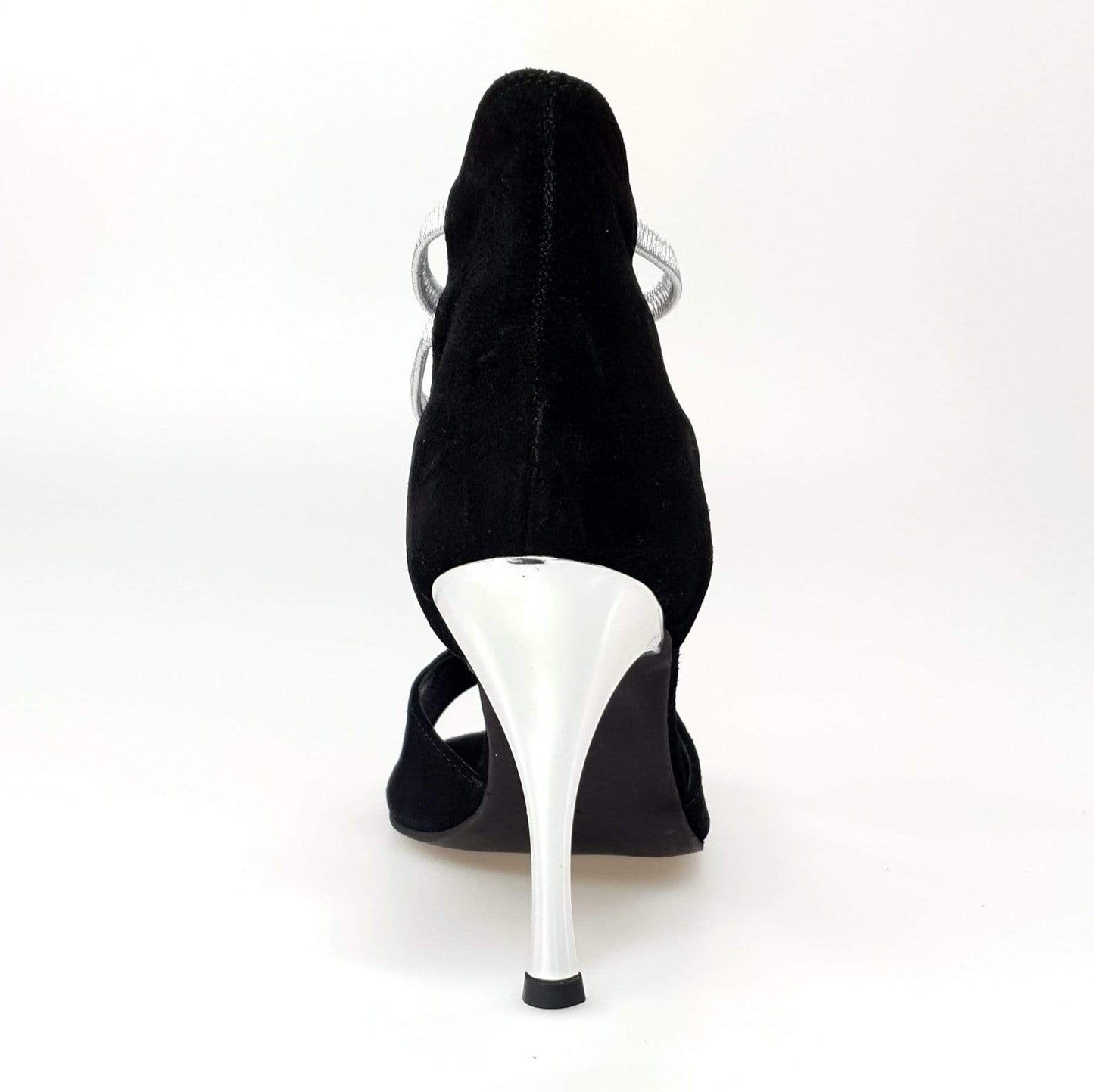 Sandalo Tatyana Wish Dance Shop in camoscio nero con elastici argento e tacco a spillo laminato argento, elegante e alla moda