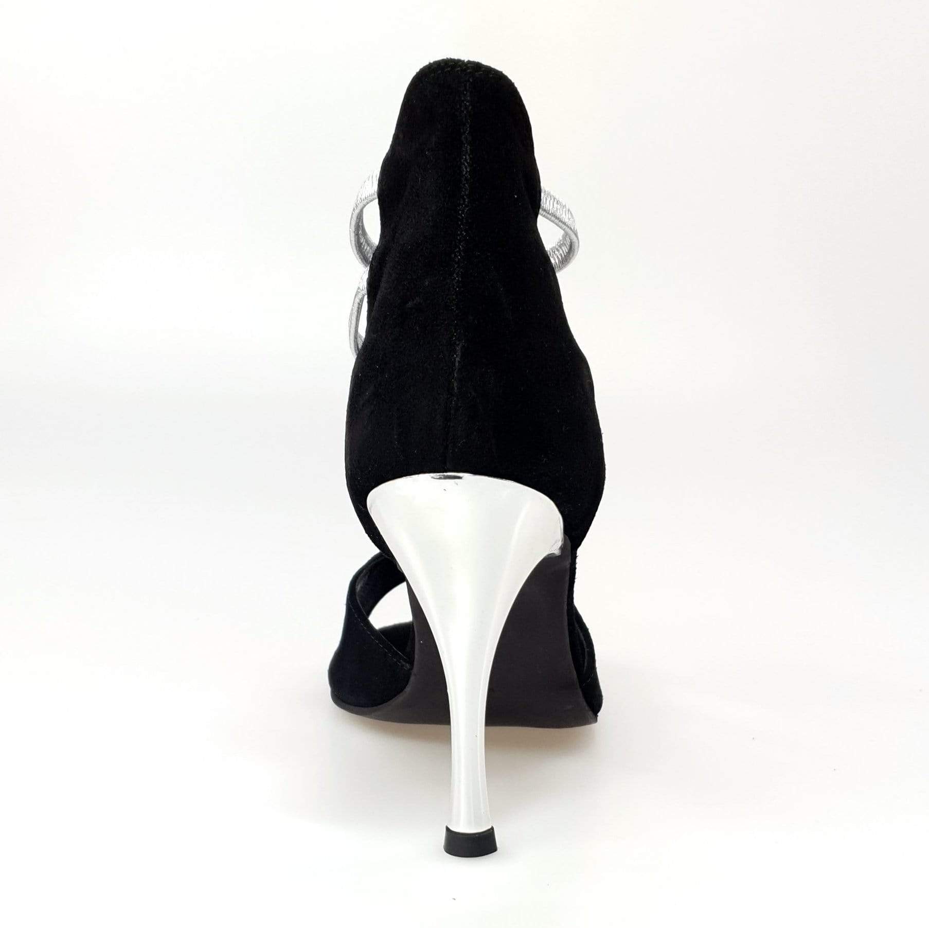 Sandalo Tatyana Wish Dance Shop in camoscio nero con elastici argento e tacco a spillo laminato argento, elegante e alla moda