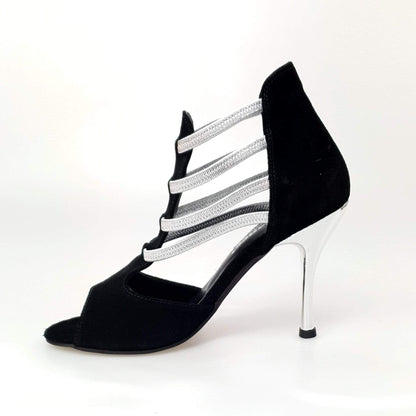 Sandalo donna Tatyana Wish Dance Shop in camoscio nero con elastici argento e tacco a spillo laminato argento