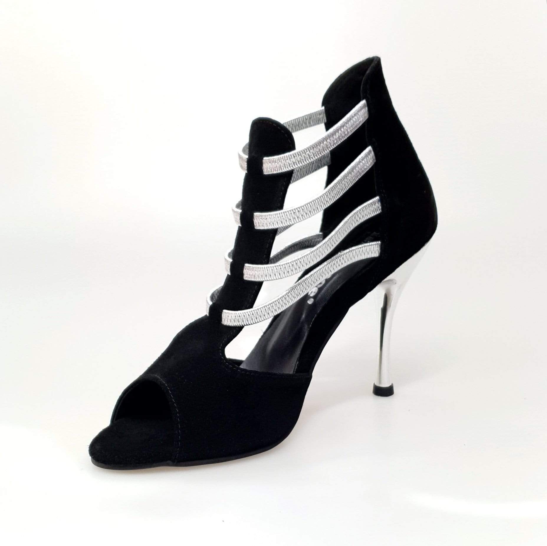 Sandalo da donna Tatyana in camoscio nero con elastici argento e tacco a spillo laminato argentato, Wish Dance Shop
