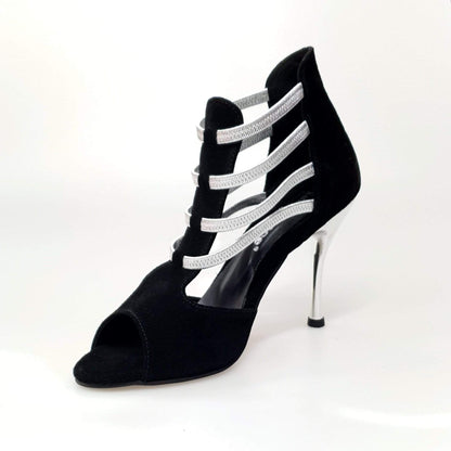 Sandalo da donna Tatyana in camoscio nero con elastici argento e tacco a spillo laminato argentato, Wish Dance Shop