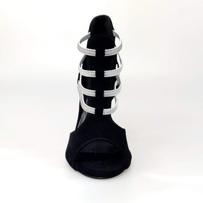 Sandalo donna Tatyana Wish Dance Shop in camoscio nero con elastici argento e tacco a spillo laminato argento.