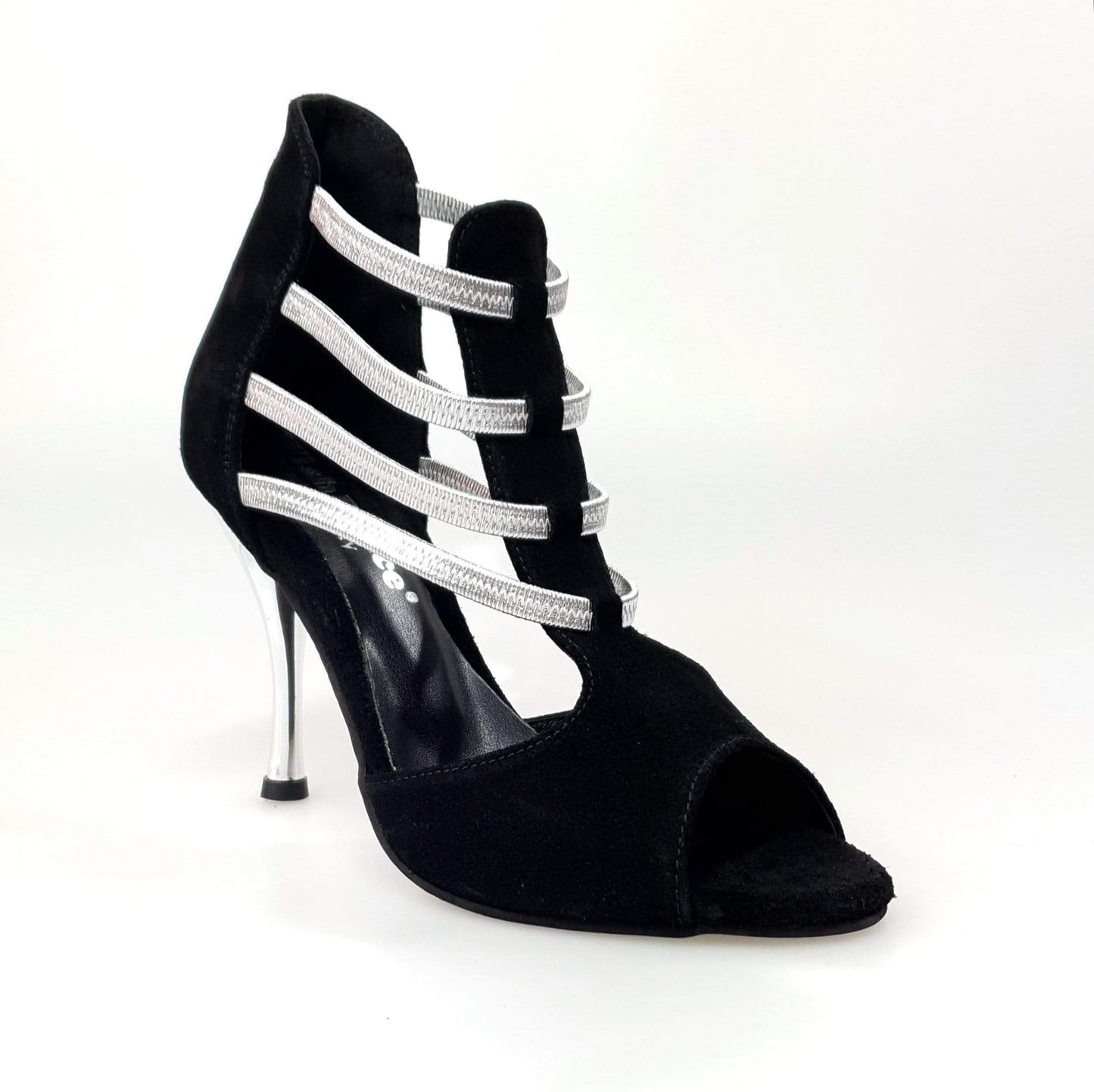 Sandalo Tatyana Wish Dance Shop da donna in camoscio nero con elastici argento e tacco a spillo laminato argento