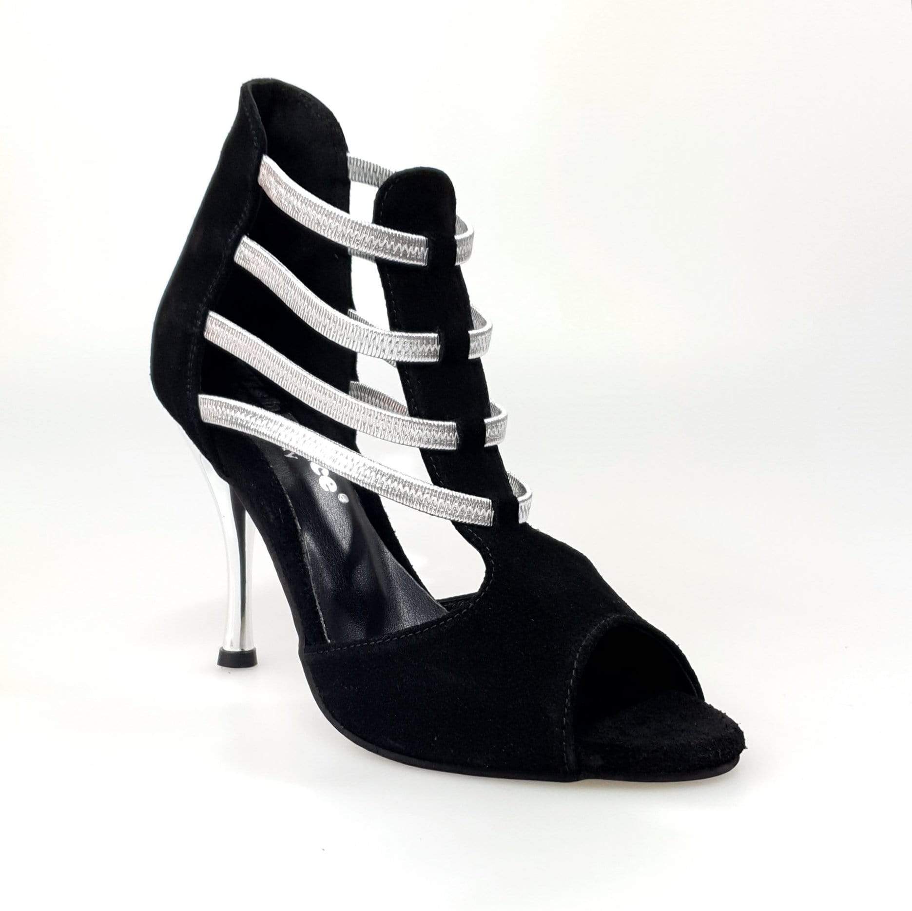 Sandalo Tatyana Wish Dance Shop da donna in camoscio nero con elastici argento e tacco a spillo laminato argento