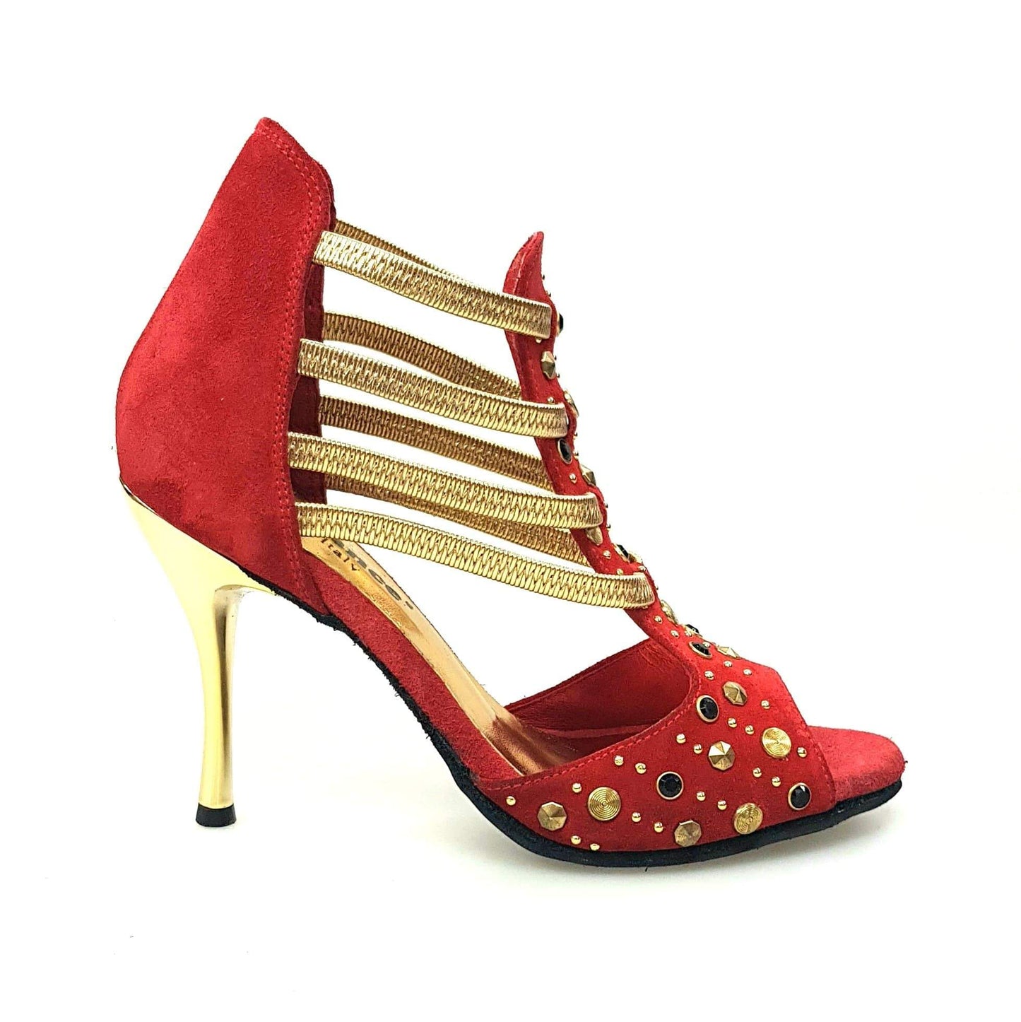 Sandalo da donna Swann Elizabeth Pirata Wish Dance Shop in camoscio rosso con borchie oro, elastici oro e tacco a spillo laminato oro
