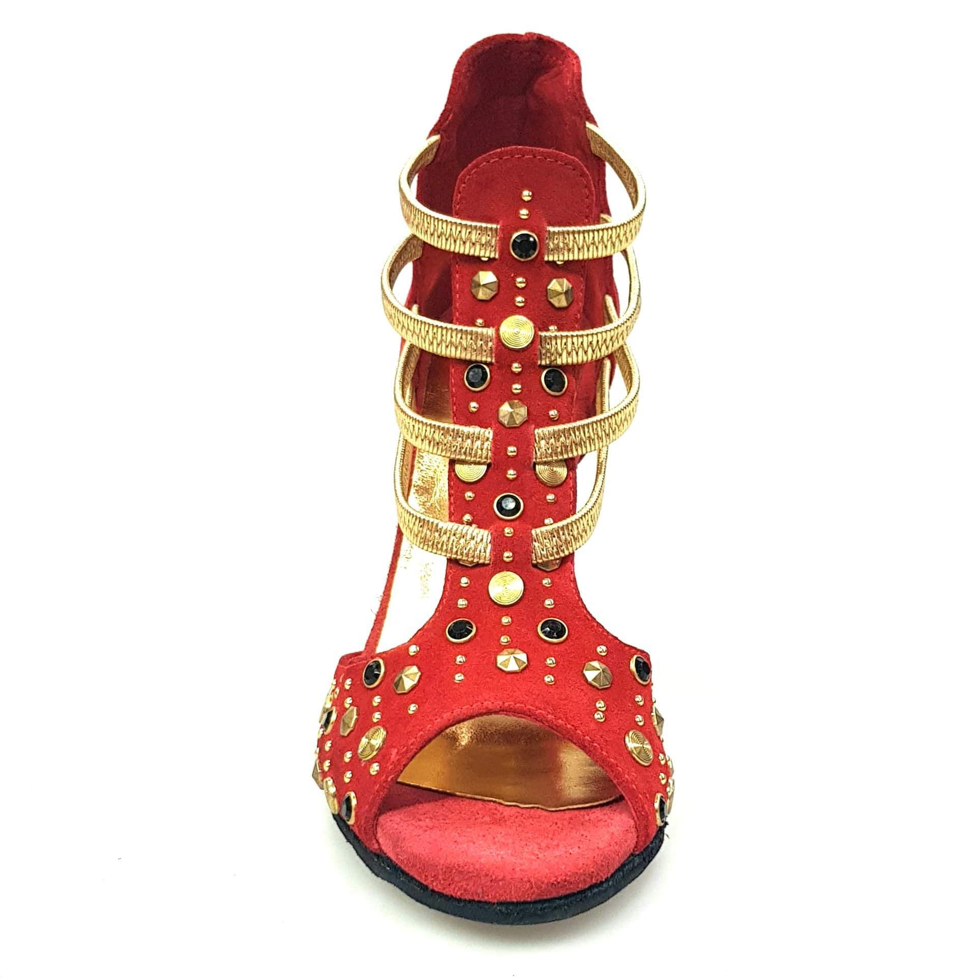 Sandalo da donna Swann Elizabeth Pirata Wish Dance Shop in camoscio rosso con borchie oro, elastici e tacco a spillo laminato oro.