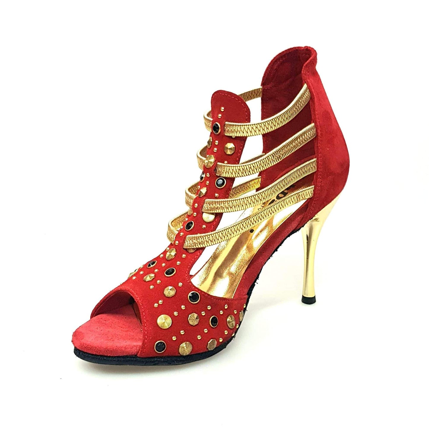 Sandalo da donna Swann Elizabeth Pirata Wish Dance Shop in camoscio rosso con borchie oro, elastici oro e tacco a spillo laminato oro.
