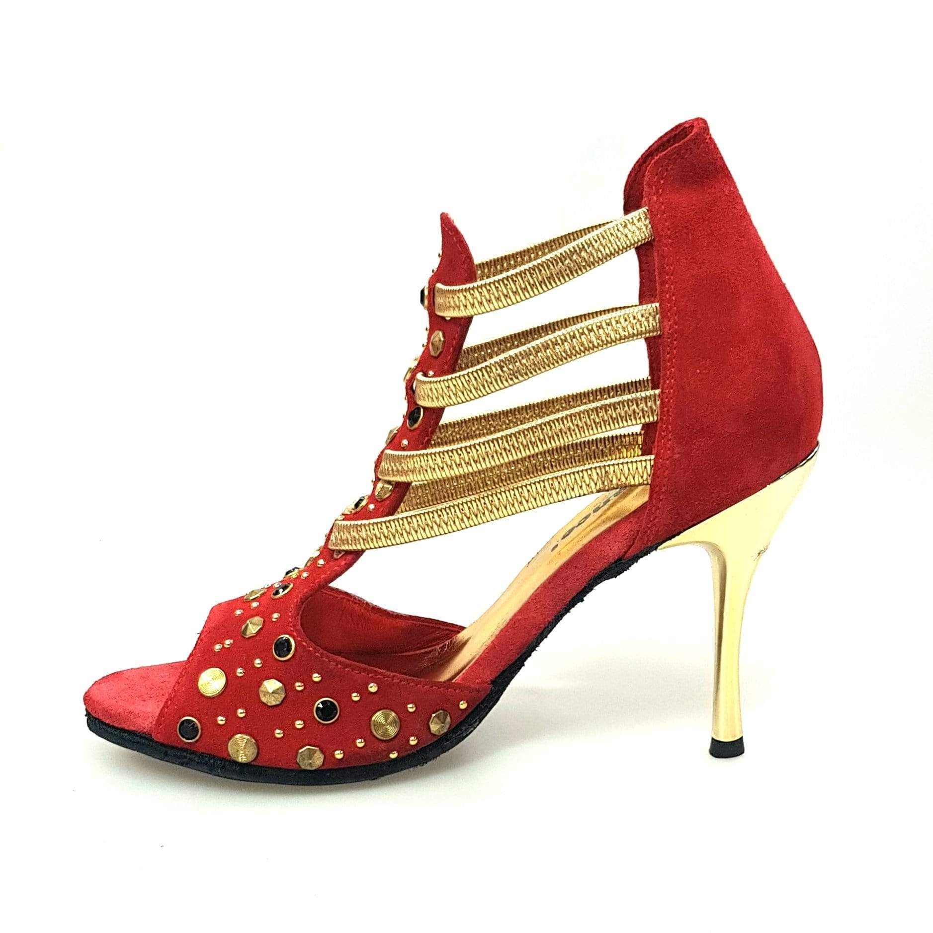 Sandalo donna Swann Elizabeth Pirata in camoscio rosso con borchie oro, elastici oro e tacco a spillo laminato oro.