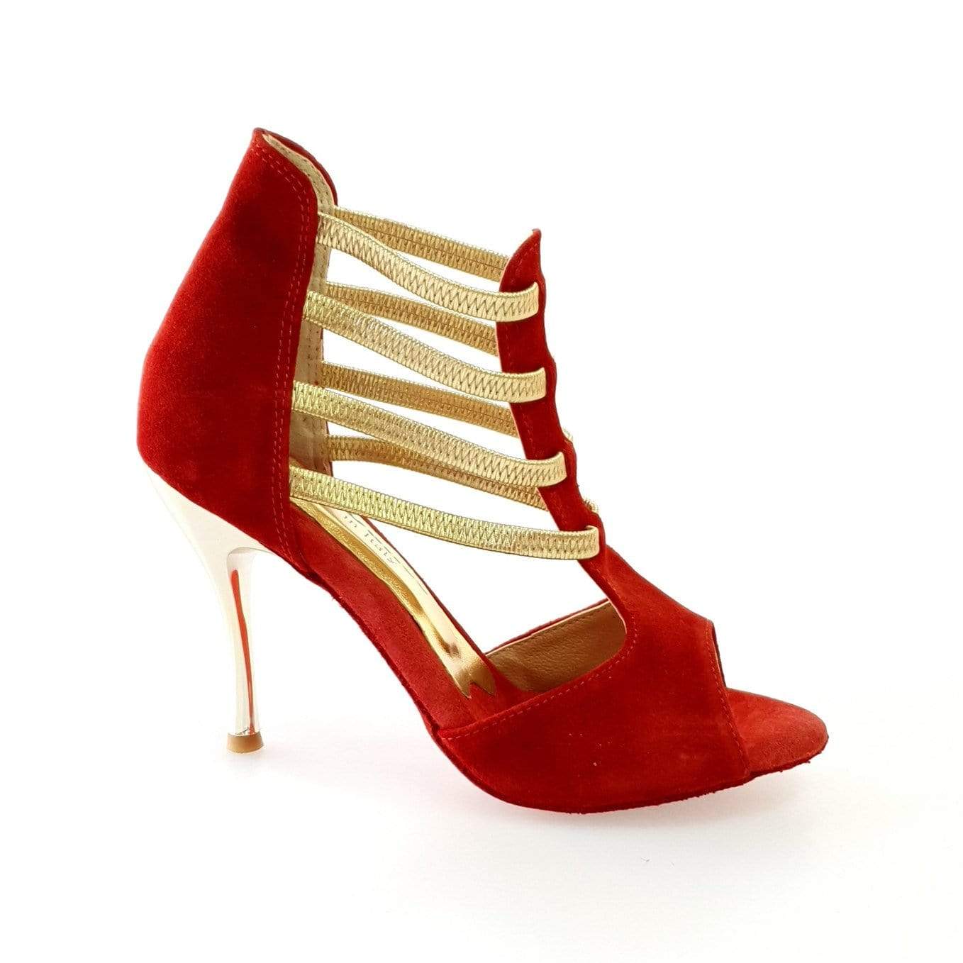 Sandalo donna Diabla Oro in camoscio rosso con elastici oro e tacco a spillo laminato oro, scarpa elegante Wish Dance Shop