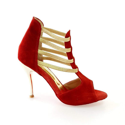 Sandalo donna Diabla Oro in camoscio rosso con elastici oro e tacco a spillo laminato oro, scarpa elegante Wish Dance Shop