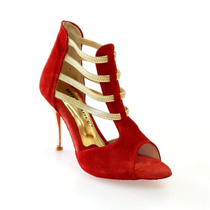 Sandalo donna Diabla Oro (460PW) in camoscio rosso con elastici oro e tacco a spillo laminato dorato.