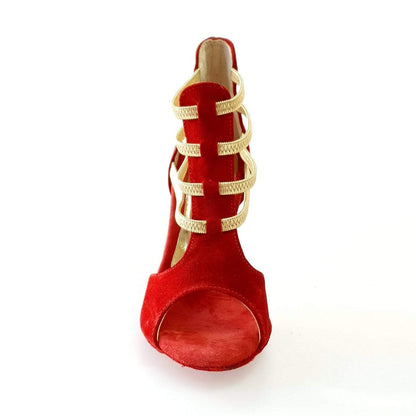Sandalo donna Diabla Oro in camoscio rosso con elastici oro e tacco a spillo laminato dorato, elegante e alla moda.