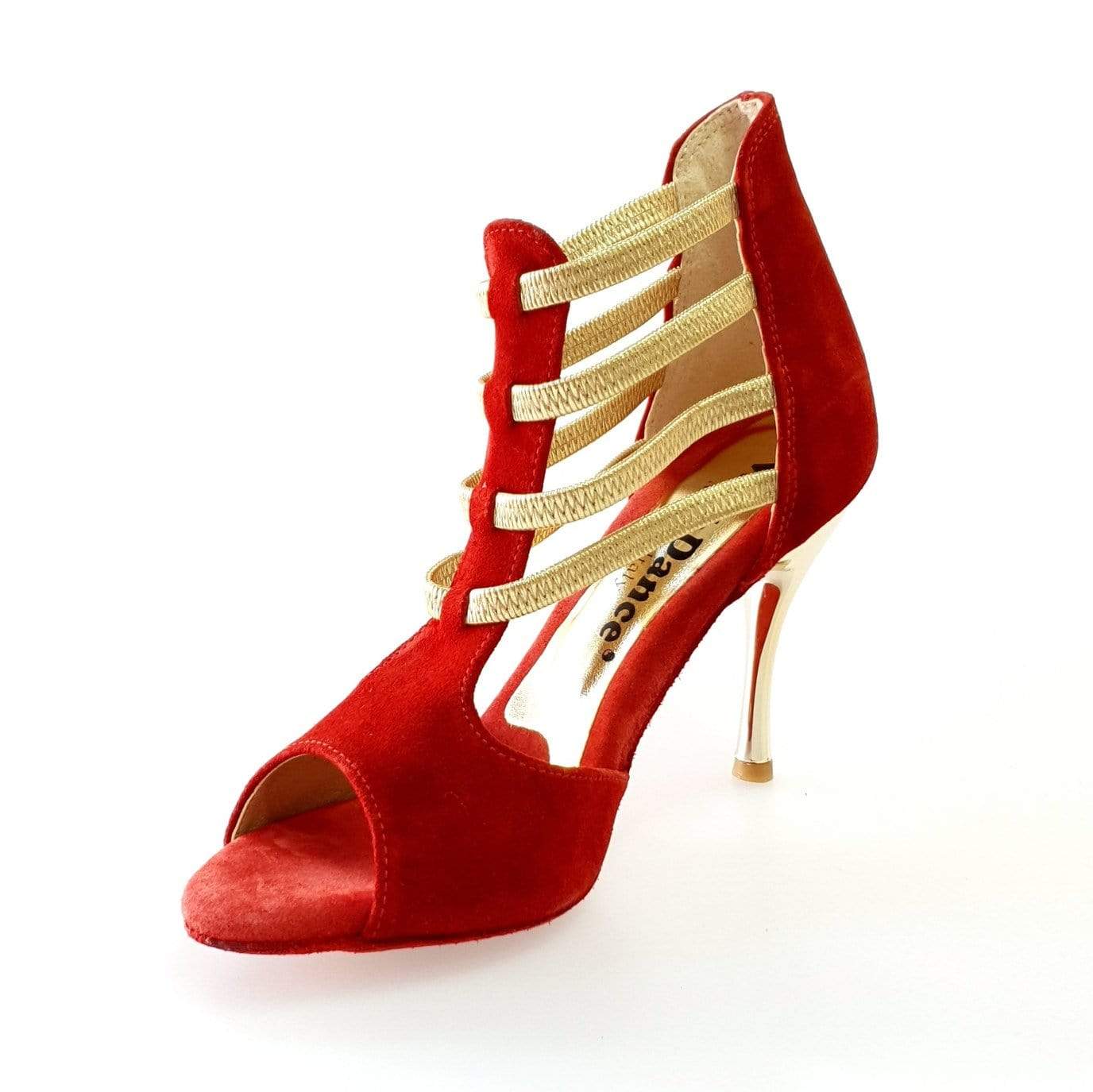 Sandalo Donna Diabla Oro (460PW) in camoscio rosso con elastici oro e tacco a spillo laminato oro, scarpa elegante e alla moda