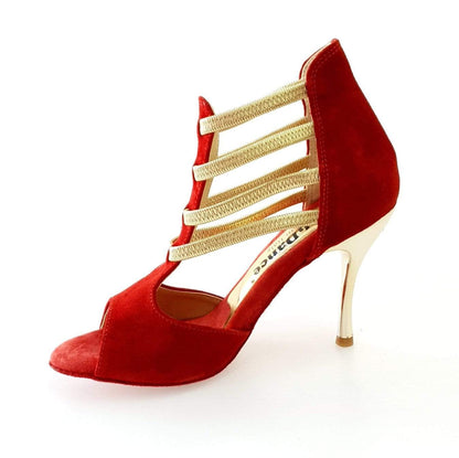Sandalo da donna Diabla Oro 460PW in camoscio rosso con elastici oro e tacco a spillo laminato oro, scarpa elegante e alla moda