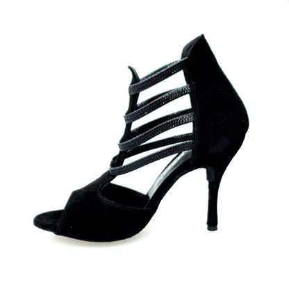Sandalo Tatyana Wish Dance Shop in camoscio nero con elastici neri e tacco a spillo rivestito in camoscio nero.