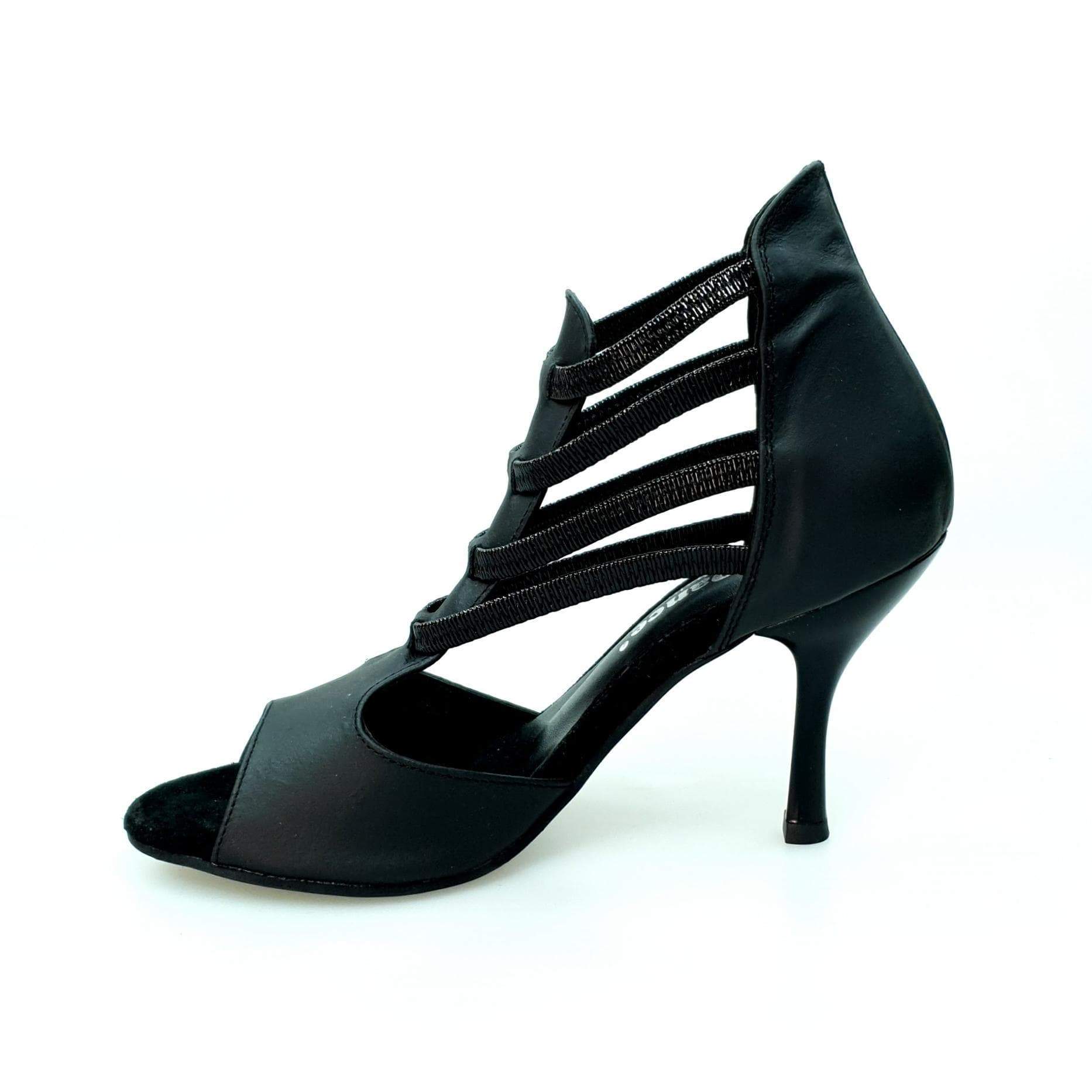 Sandalo Panther Black Wish Dance Shop con pelle nera, elastici neri e tacco a stiletto smaltato nero, scarpa elegante e alla moda