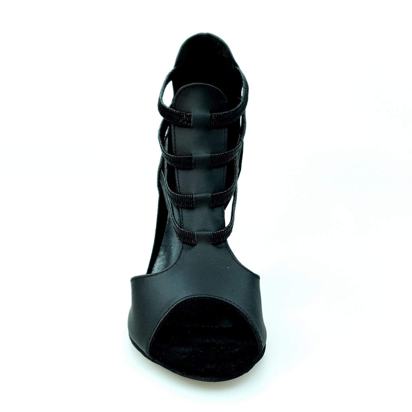 Sandalo in pelle nera Panther Black (460PW) con elastici neri e tacco a stiletto smaltato nero, scarpa elegante Wish Dance Shop