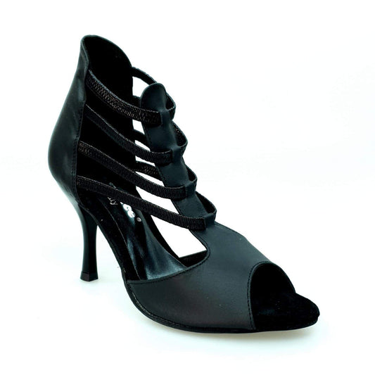 Sandalo Panther Black Wish Dance Shop in pelle nera con elastici e tacco a stiletto smaltato nero, dettaglio elegante e moderno