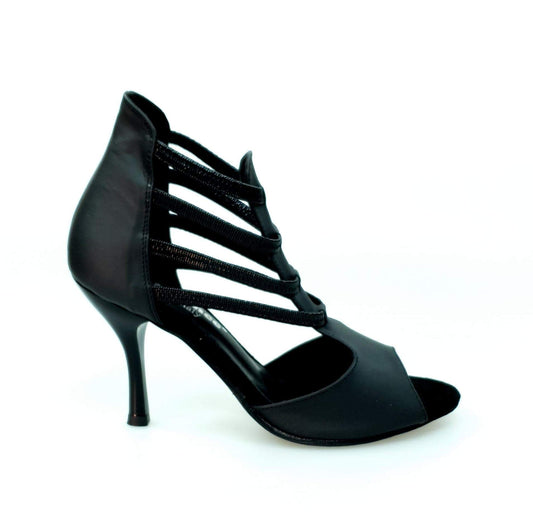 Scarpa Panther Black (460PW) Wish Dance Shop, sandalo in pelle nera con elastici neri e tacco a stiletto smaltato nero