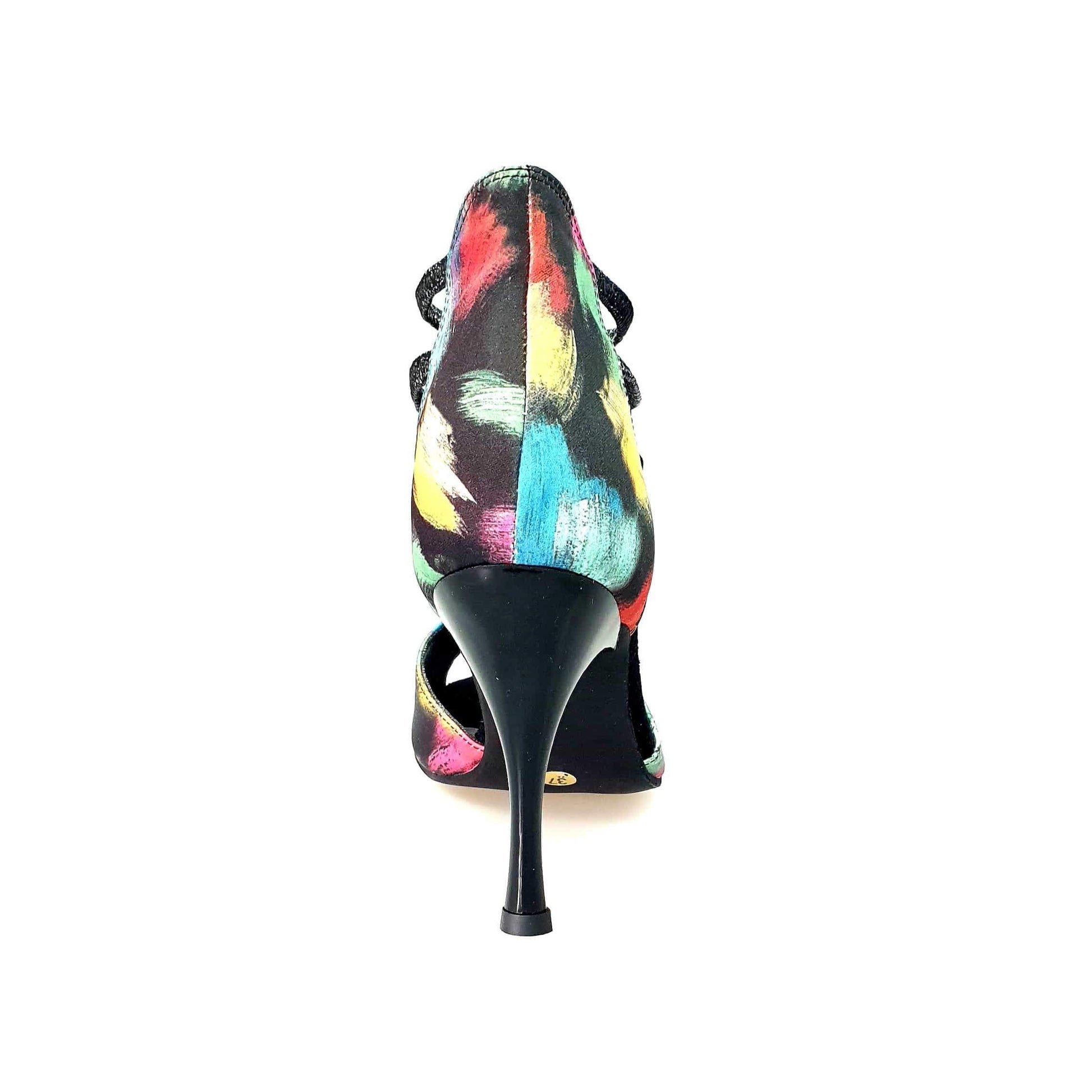 Sandalo donna Iris Fantasy 460PW di Wish Dance Shop in tessuto Picasso nero con elastici e tacco a spillo smaltato nero.