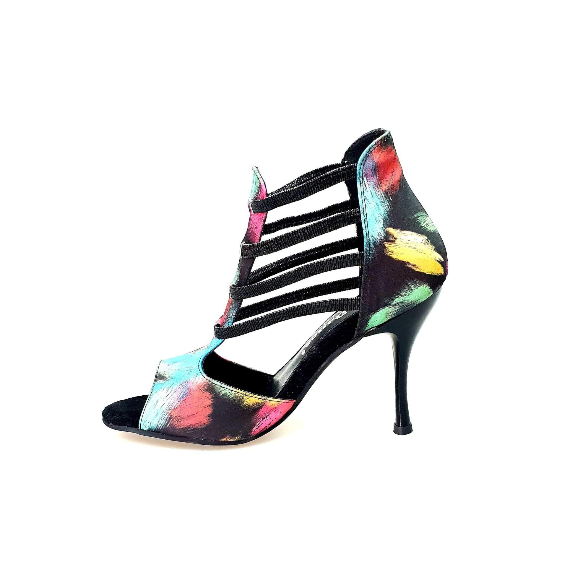 Sandalo da donna Iris Fantasy 460PW di Wish Dance Shop in tessuto Picasso nero con elastici e tacco a spillo smaltato nero