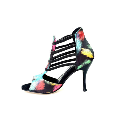 Sandalo da donna Iris Fantasy 460PW di Wish Dance Shop in tessuto Picasso nero con elastici e tacco a spillo smaltato nero