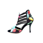 Load image into Gallery viewer, Iris Fantasy (460PW) - Woman&#39;s Sandal in Black Picasso Fabric with Elastics and Black Enameled Stiletto Heel

