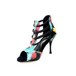 Load image into Gallery viewer, Iris Fantasy (460PW) - Woman&#39;s Sandal in Black Picasso Fabric with Elastics and Black Enameled Stiletto Heel
