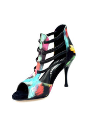 Load image into Gallery viewer, Iris Fantasy (460PW) - Woman&#39;s Sandal in Black Picasso Fabric with Elastics and Black Enameled Stiletto Heel
