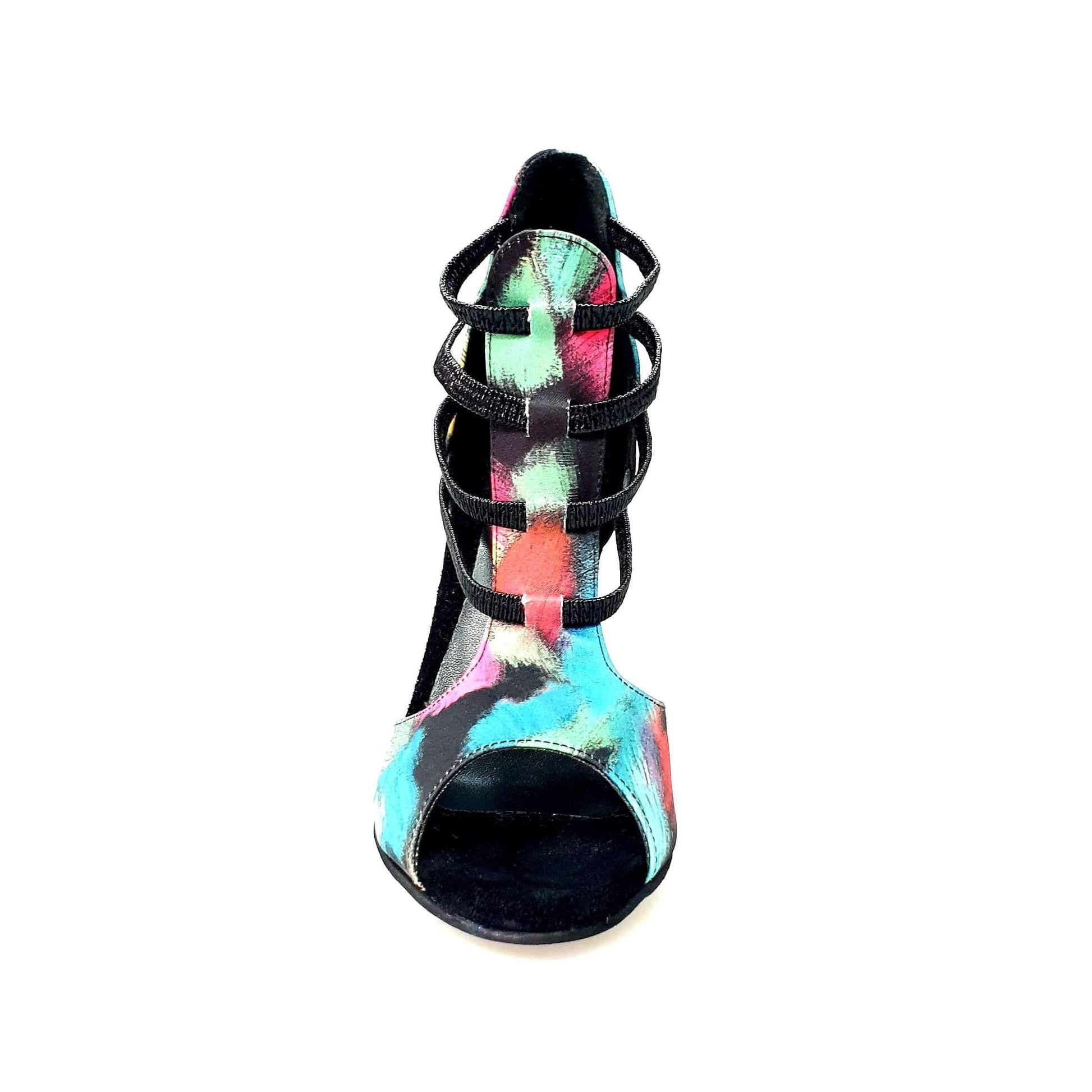 Sandalo da donna Iris Fantasy 460PW di Wish Dance Shop in tessuto Picasso nero con elastici e tacco a spillo smaltato nero