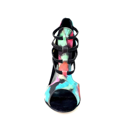 Sandalo da donna Iris Fantasy 460PW di Wish Dance Shop in tessuto Picasso nero con elastici e tacco a spillo smaltato nero
