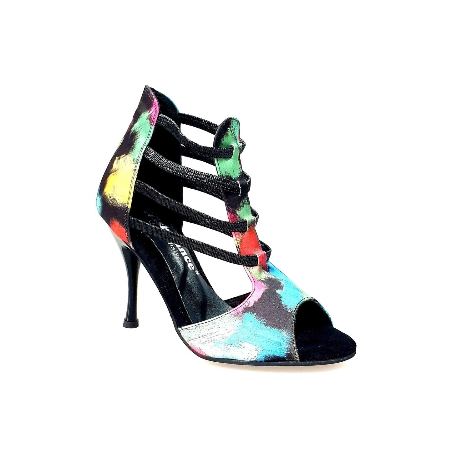 Sandalo donna Iris Fantasy Wish Dance Shop in tessuto Picasso nero con elastici e tacco a spillo smaltato nero.