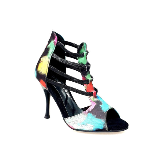 Sandalo donna Iris Fantasy Wish Dance Shop in tessuto Picasso nero con elastici e tacco a spillo smaltato nero.