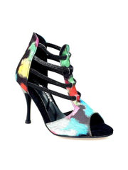 Load image into Gallery viewer, Iris Fantasy (460PW) - Woman&#39;s Sandal in Black Picasso Fabric with Elastics and Black Enameled Stiletto Heel
