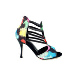 Load image into Gallery viewer, Iris Fantasy (460PW) - Woman&#39;s Sandal in Black Picasso Fabric with Elastics and Black Enameled Stiletto Heel
